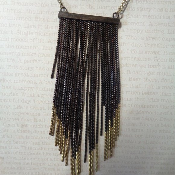 Long Chain Necklace Black Gold Tone Metal Chain Strands Flapper Style - Picture 3 of 5